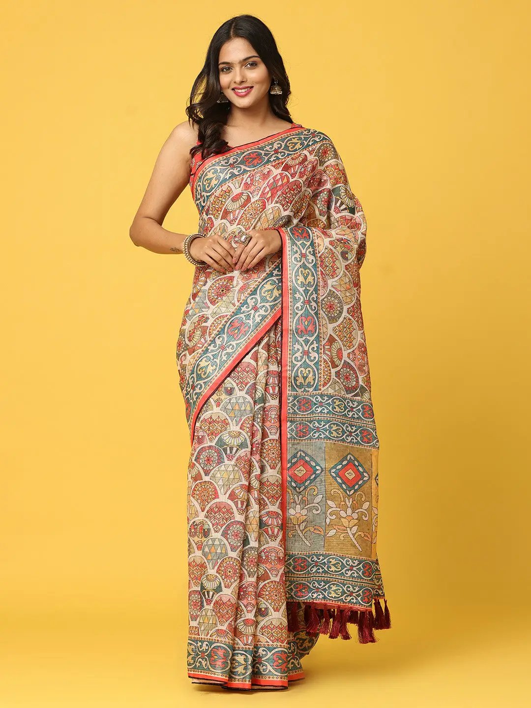 Soft Linen Kalamkari Block Print With Sequin Border