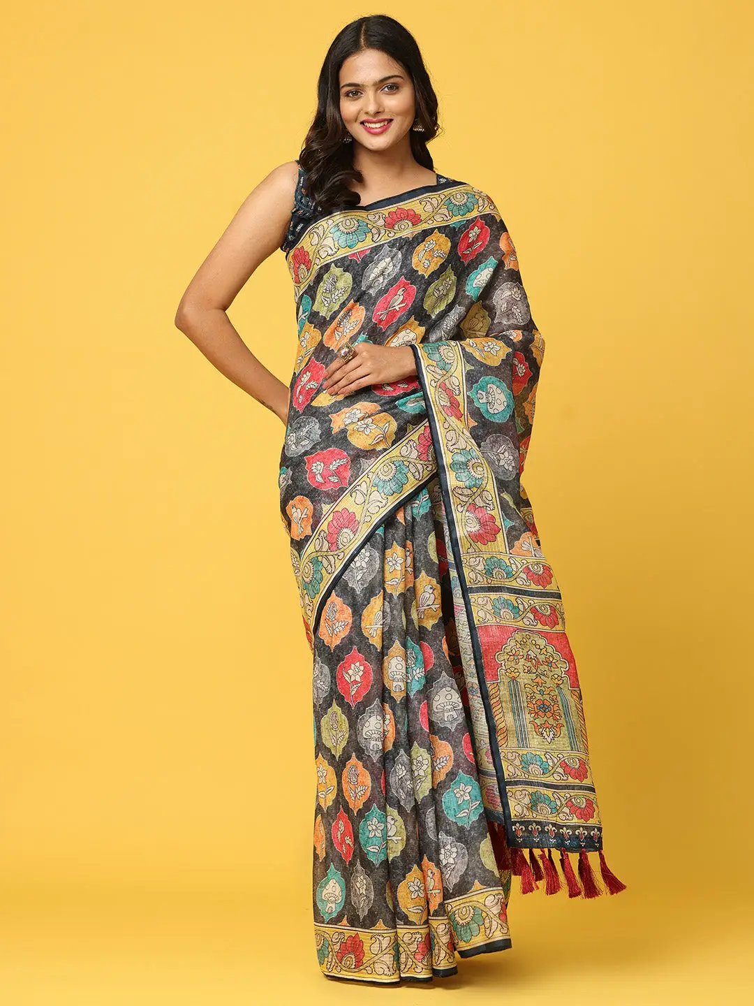 Soft Linen Kalamkari Block Print With Sequin Border