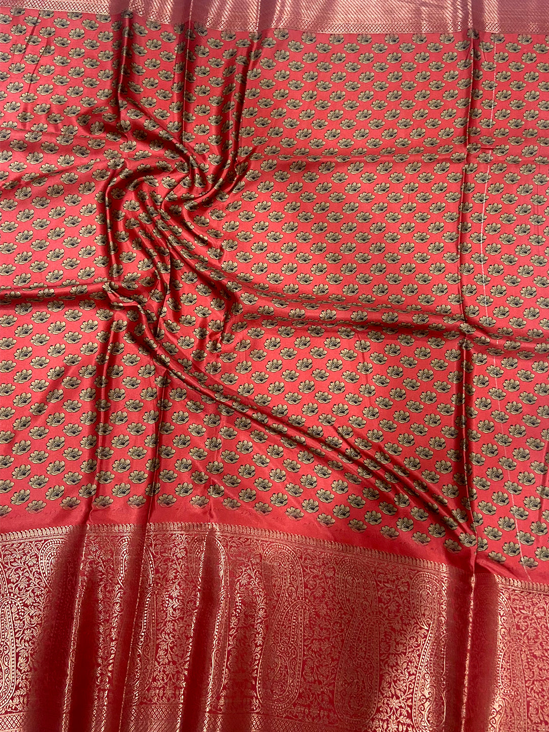 Cream Cherry Satin Kalamkari Saree