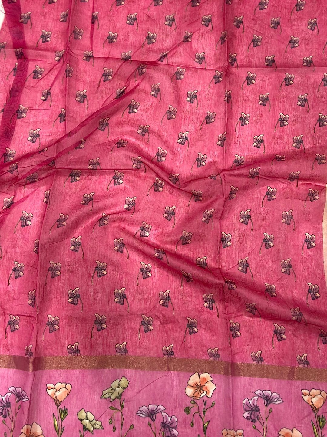 Light Pink Linen Chanderi Floral Print Saree