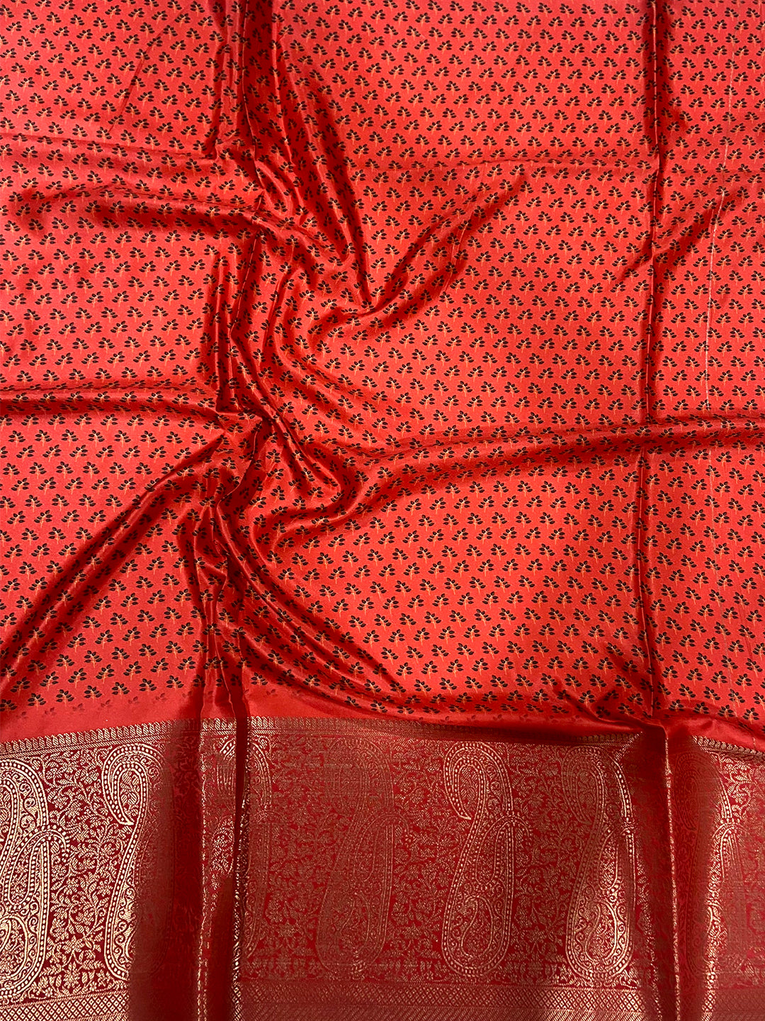 Peach Cherry Satin Kalamkari Saree