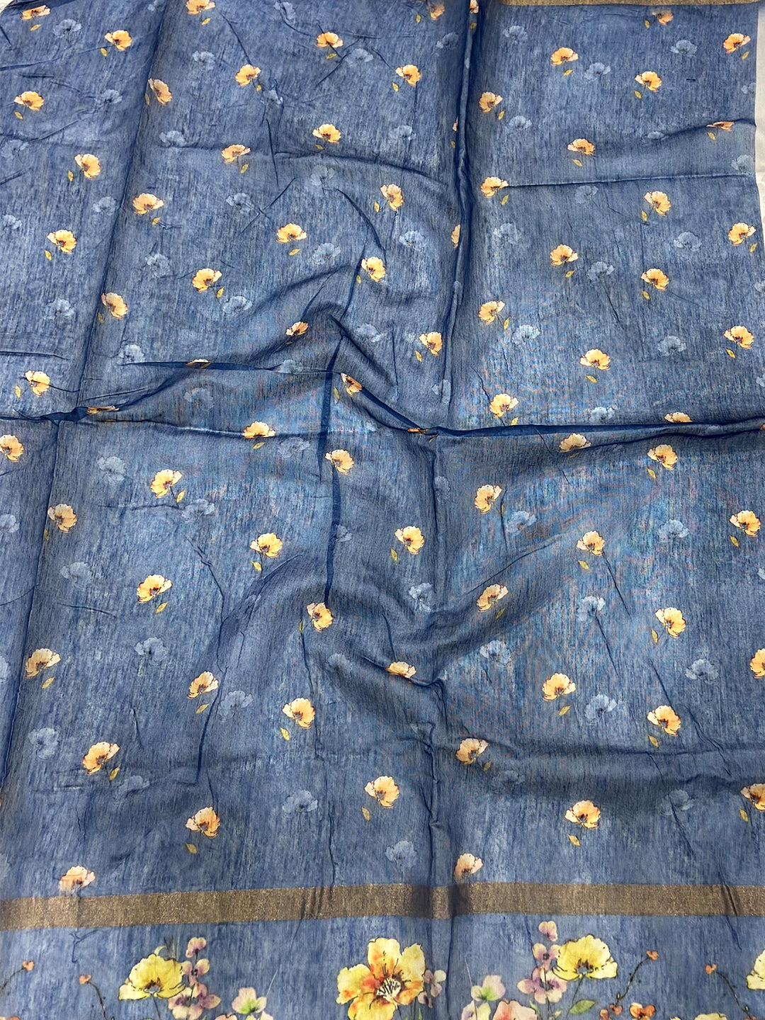 Denim Blue Linen Chanderi Floral Print Saree