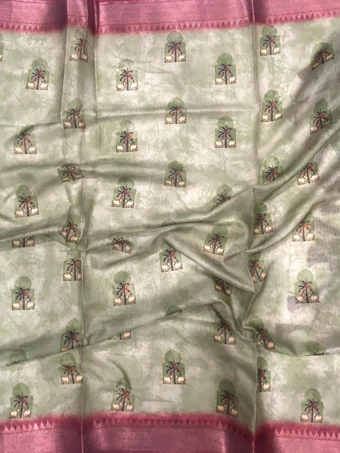 Olive Soft Silk Tissue Pichwai Print Saree