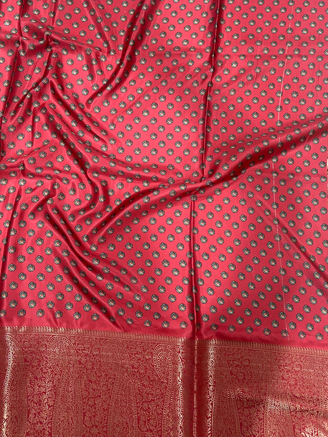 Ivory Cherry Satin Kalamkari Saree