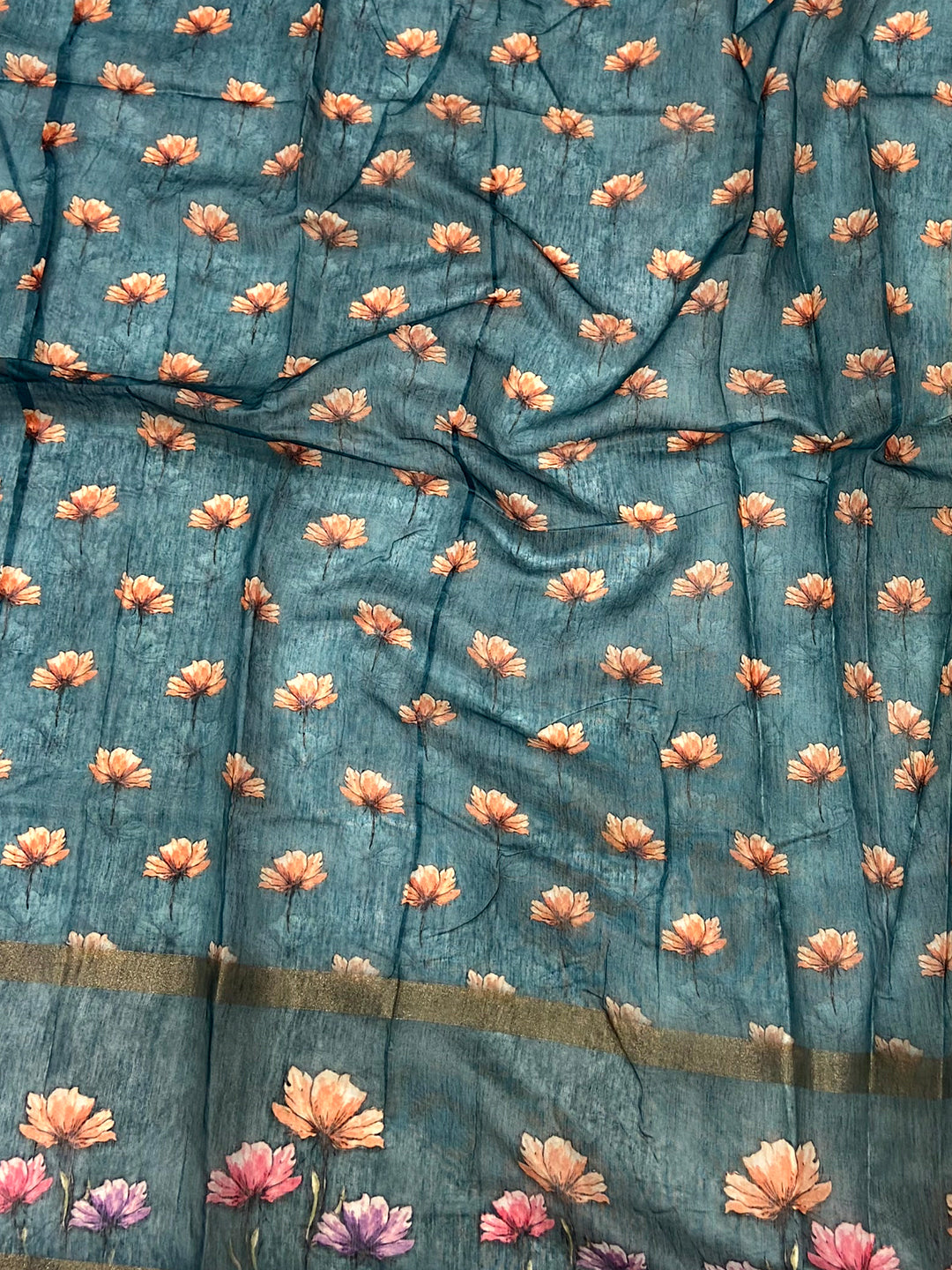 Teal Blue Linen Chanderi Floral Print Saree