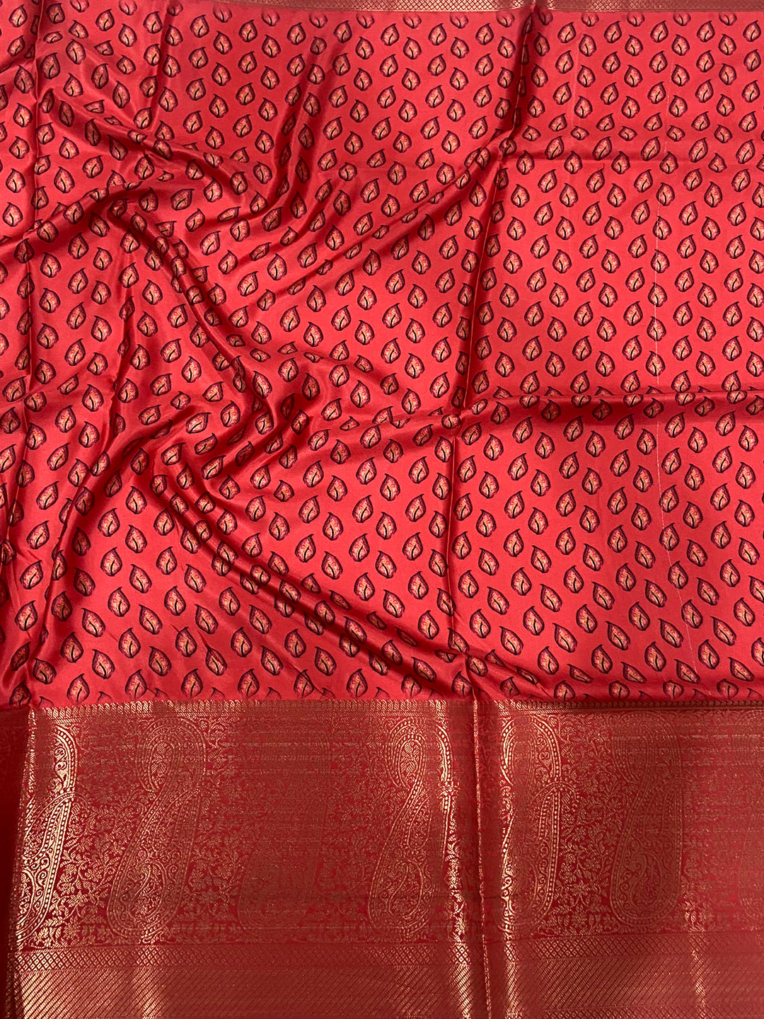 Dark Peach Cherry Satin Kalamkari Saree
