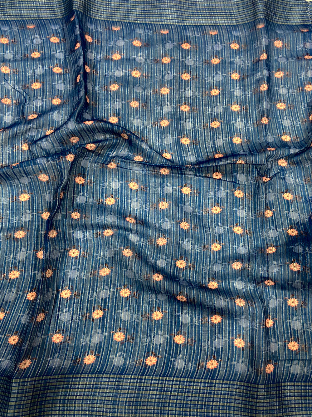 Pastel Blue Linen Digital Printed Saree