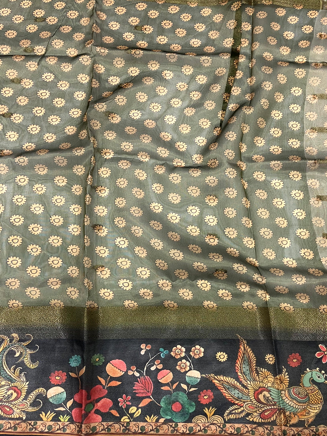 Green Tissue Kalamkari Print Saree