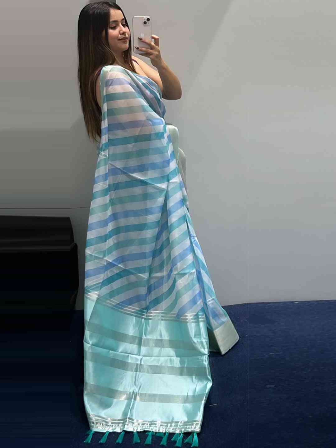 Stylish organza saree with leheriya pattern