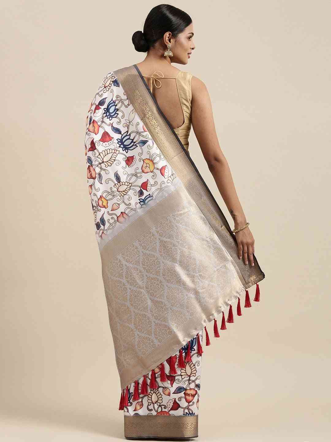 Banarasi White Colour Zari Floral Silk Saree
