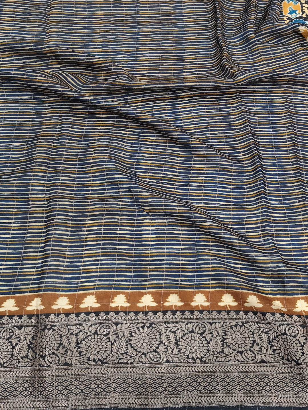Ink Blue Ajrak Print Viscose Saree