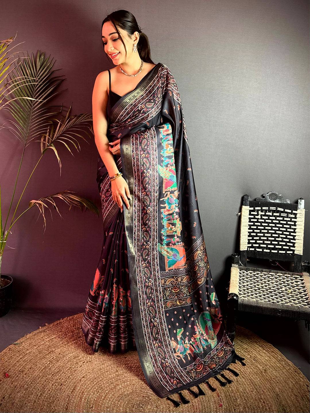 Coffee Kashmiri Kalamkari Soft Silk Saree