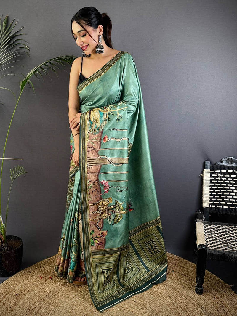Green Soft Dola Silk Printed Saree
