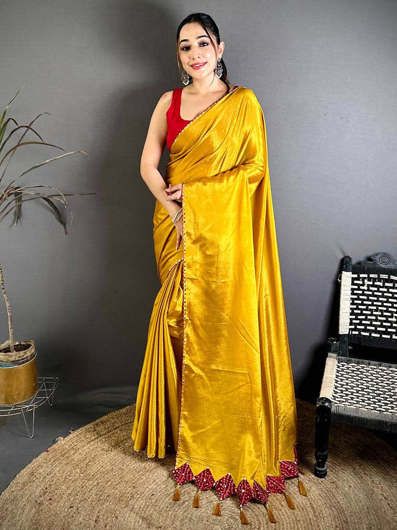 Gold Vichitra Real Mirror Work Tassel Saree
