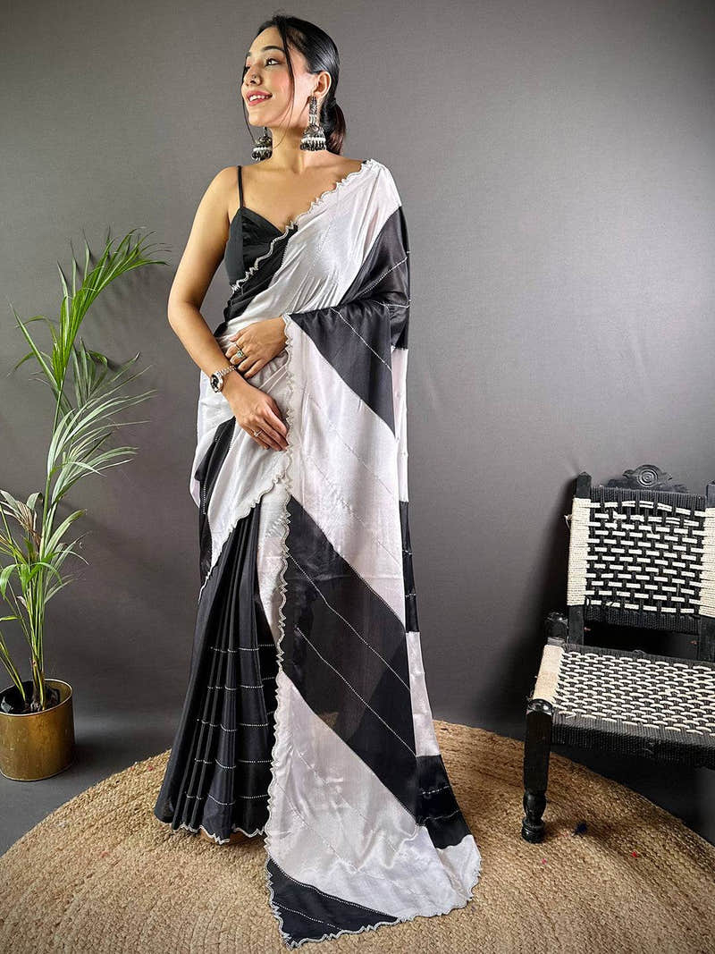 Black And White Poly Chiffon Stone Work Saree
