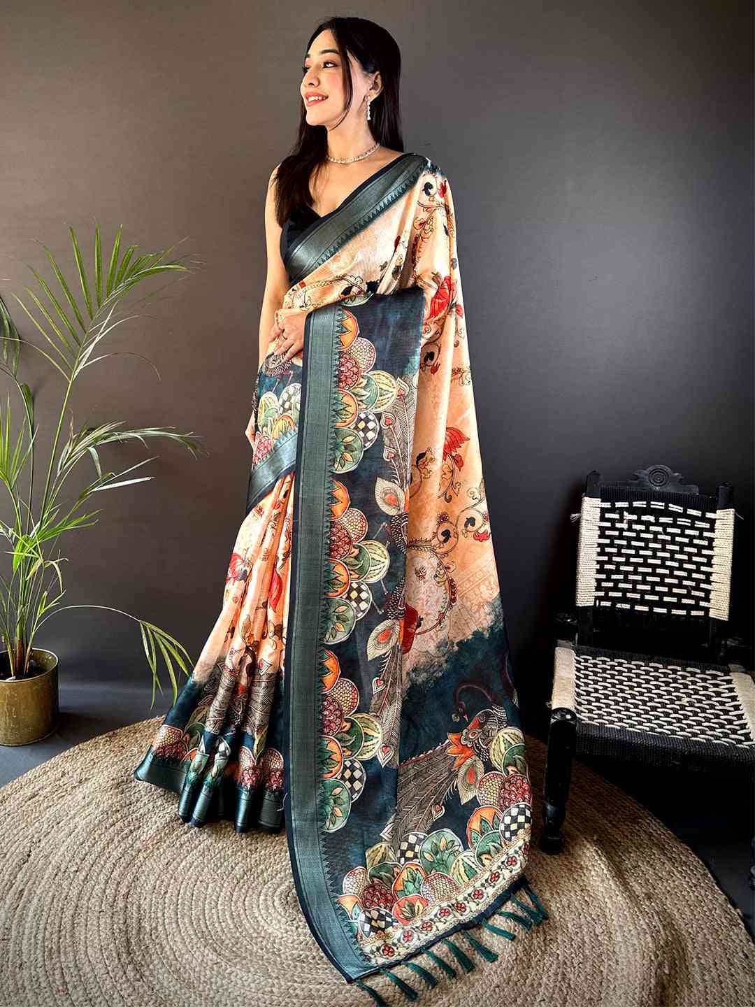 Peach Kota Doriya Zari Weave Digital Print Saree