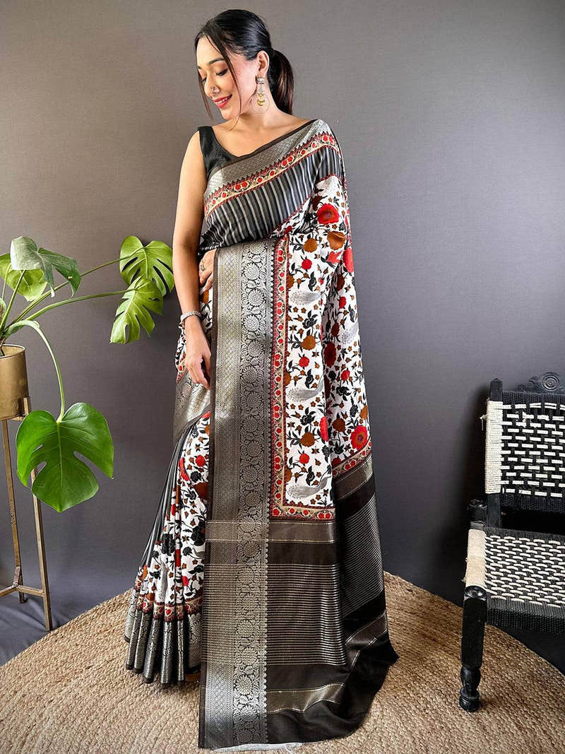 Black Floral Peacock Fusion Saree