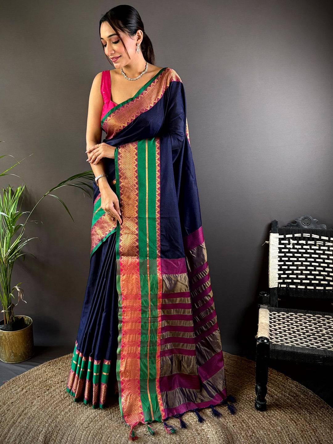 Navy Gold Zari Silk Saree