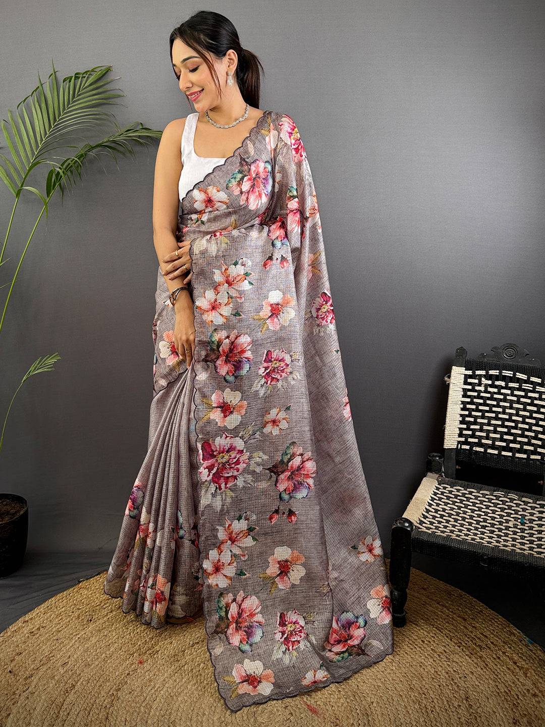 Grey Floral Cut Work Kota Saree