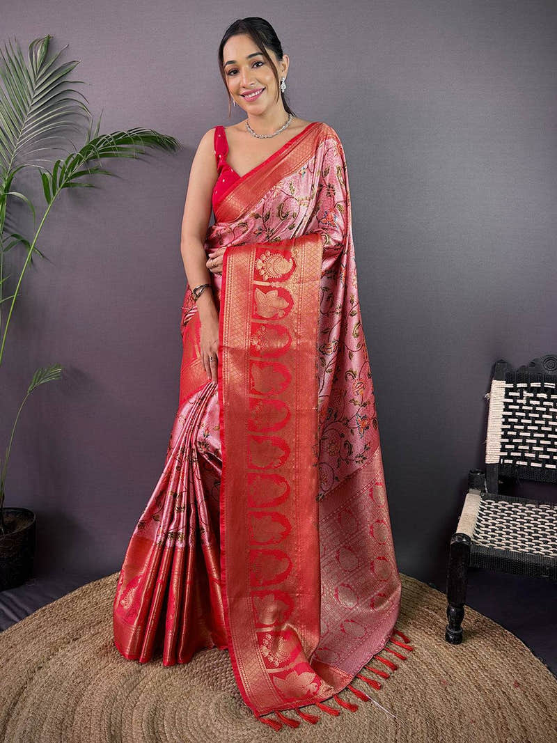 Royal Soft Cherry Satin Kalamkari Print Saree