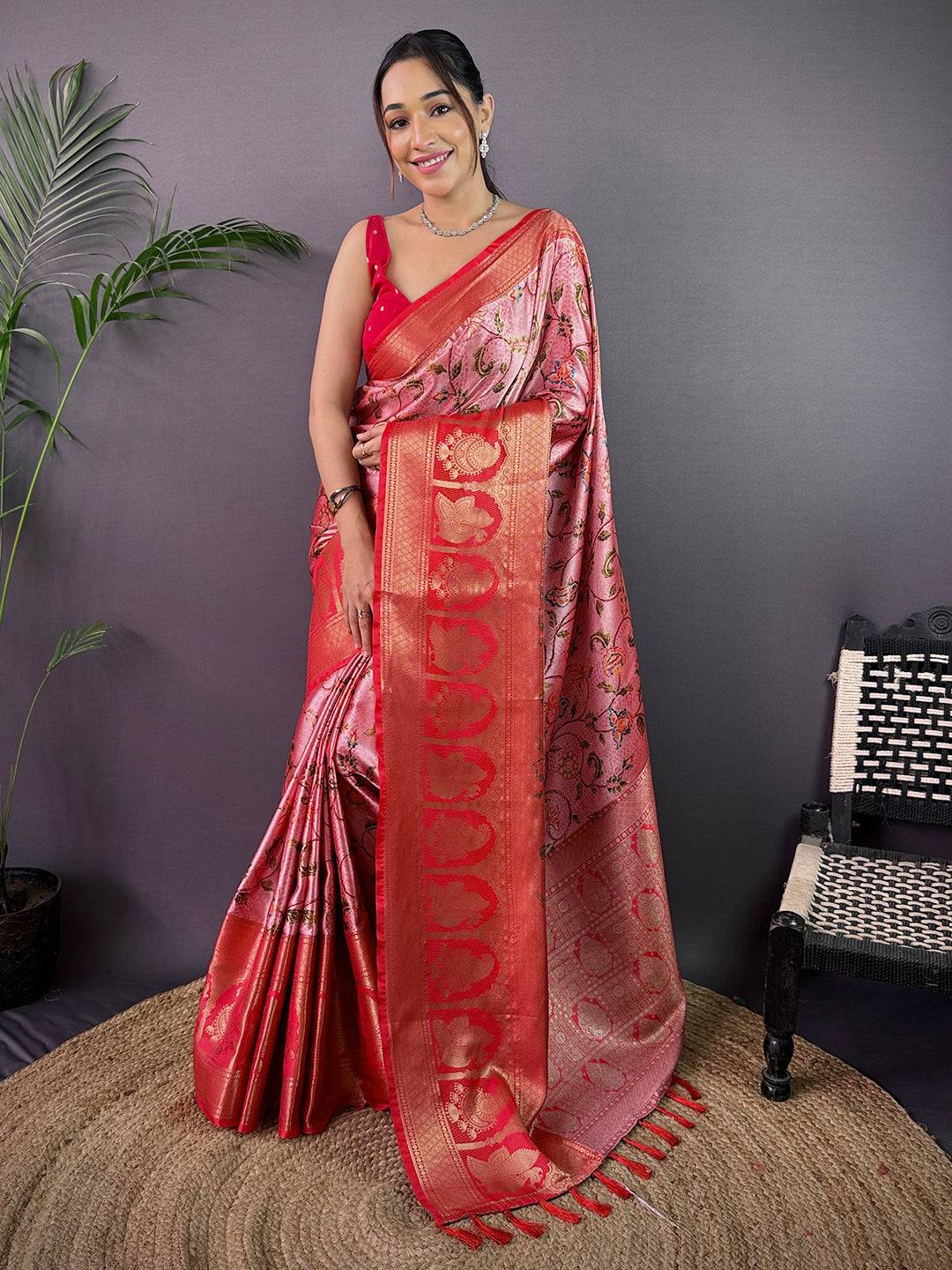 Royal Soft Cherry Satin Kalamkari Print Saree