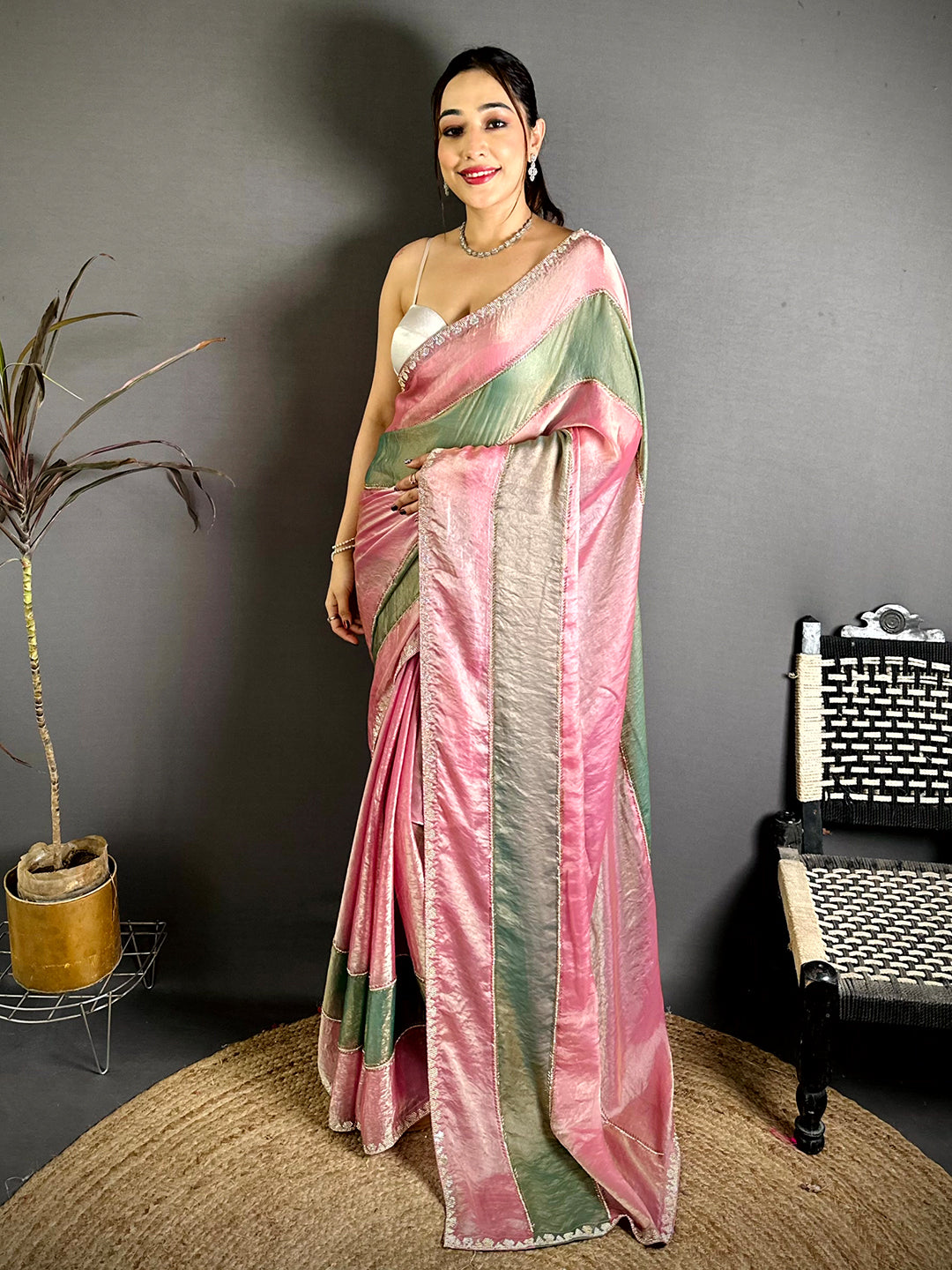 Opulent Satin Tissue Diamond Work Saree