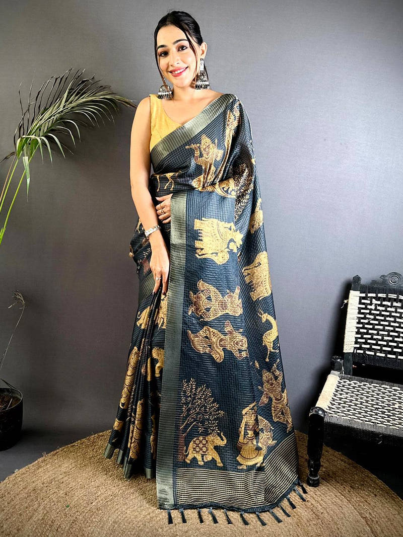Kalamkari Block Print Black Tussar Saree