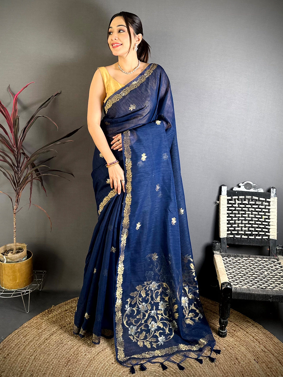 Navy Sona Chandi Muga Cotton Saree