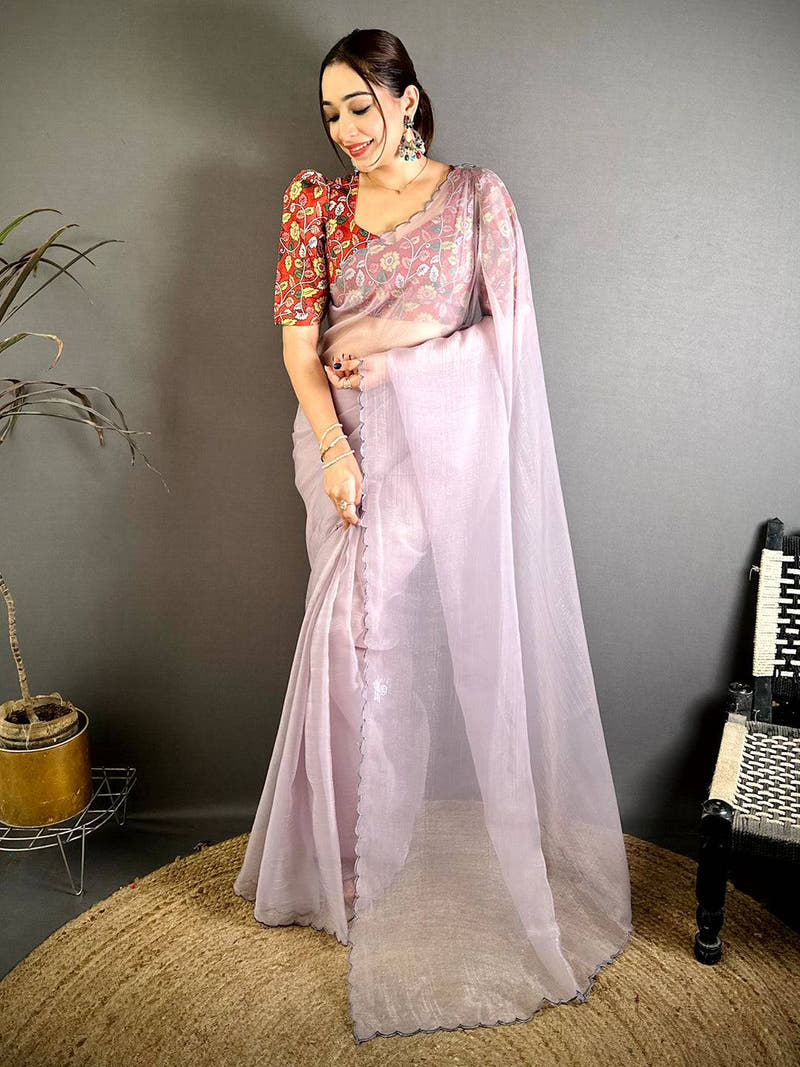 Elegant Lavender Resham Work Chiffon Saree