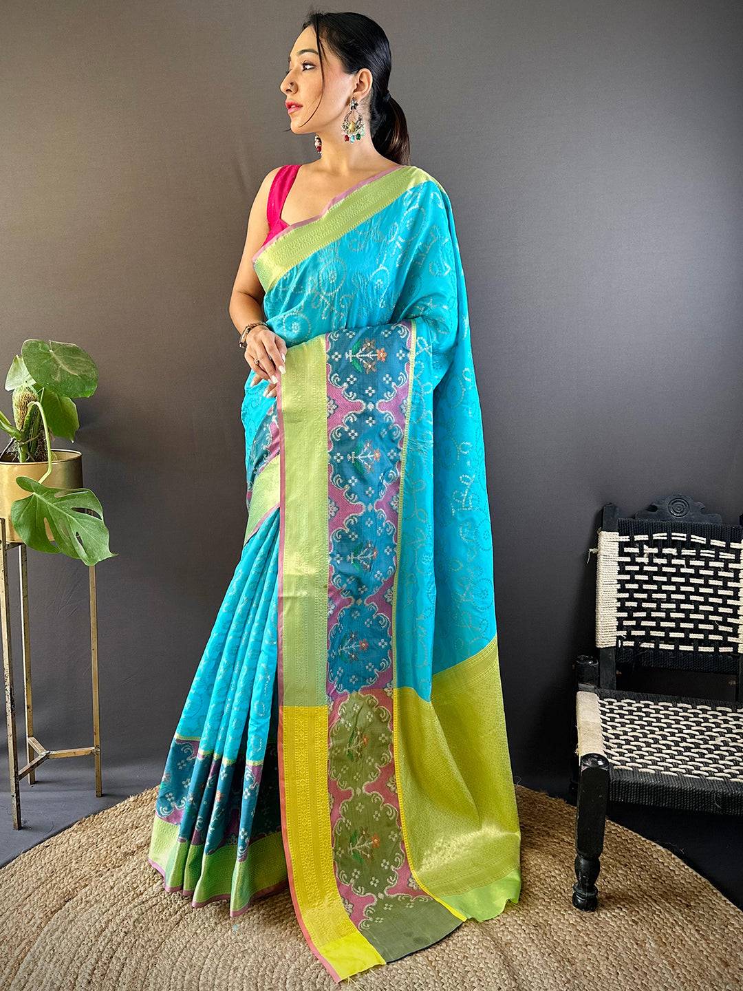 Sky Blue Katan Silk Ikkat Saree