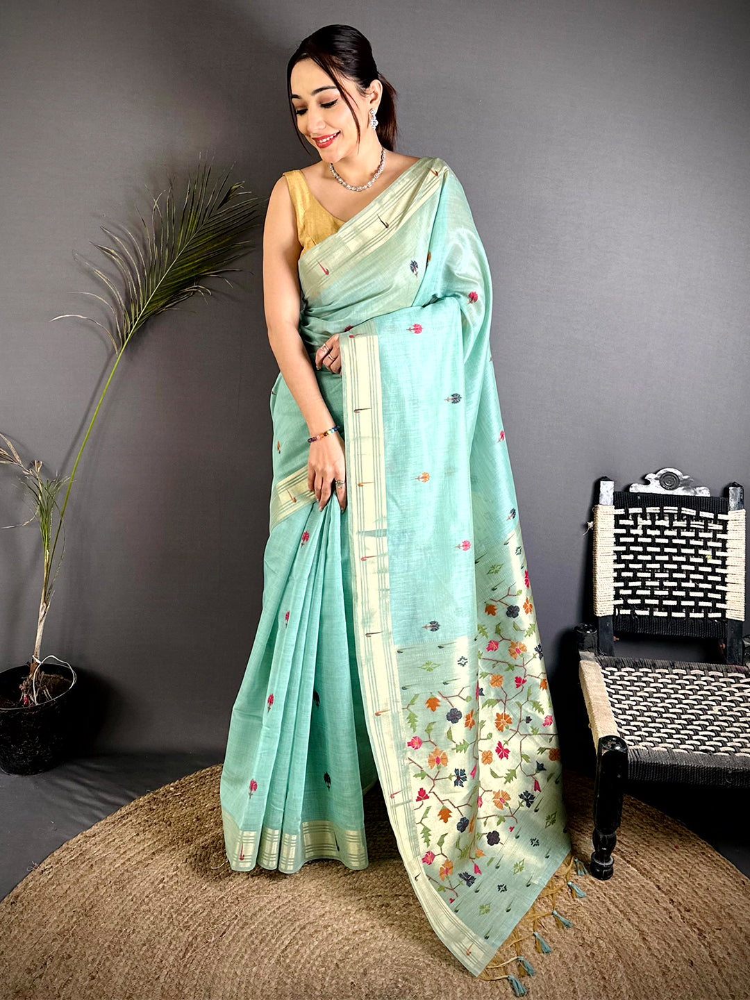 Sky Blue Geometric Patola Khadi Linen Saree