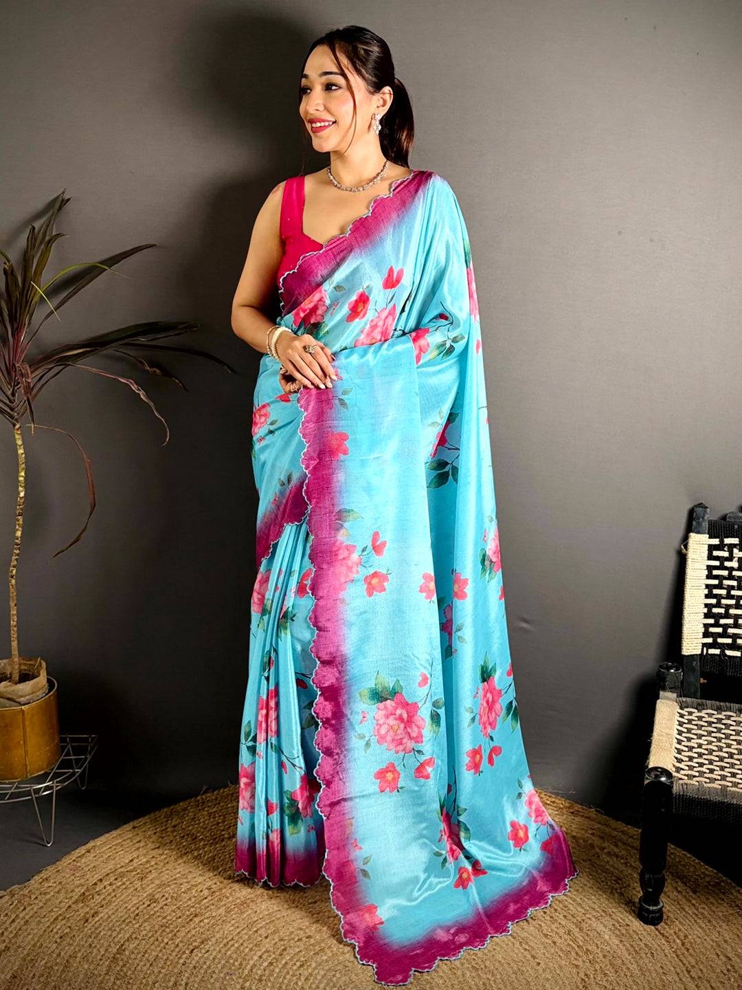 Aqua Chinnon Embroidered Border Saree