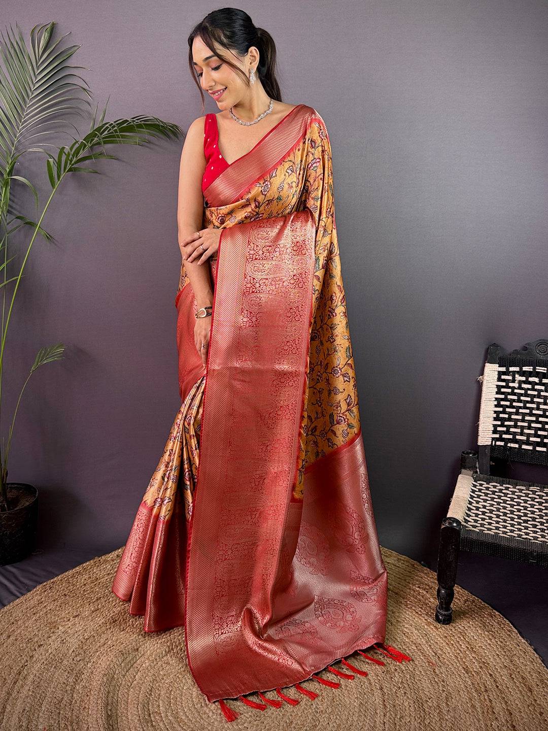 Mustard Yellow Cherry Satin Kalamkari Saree