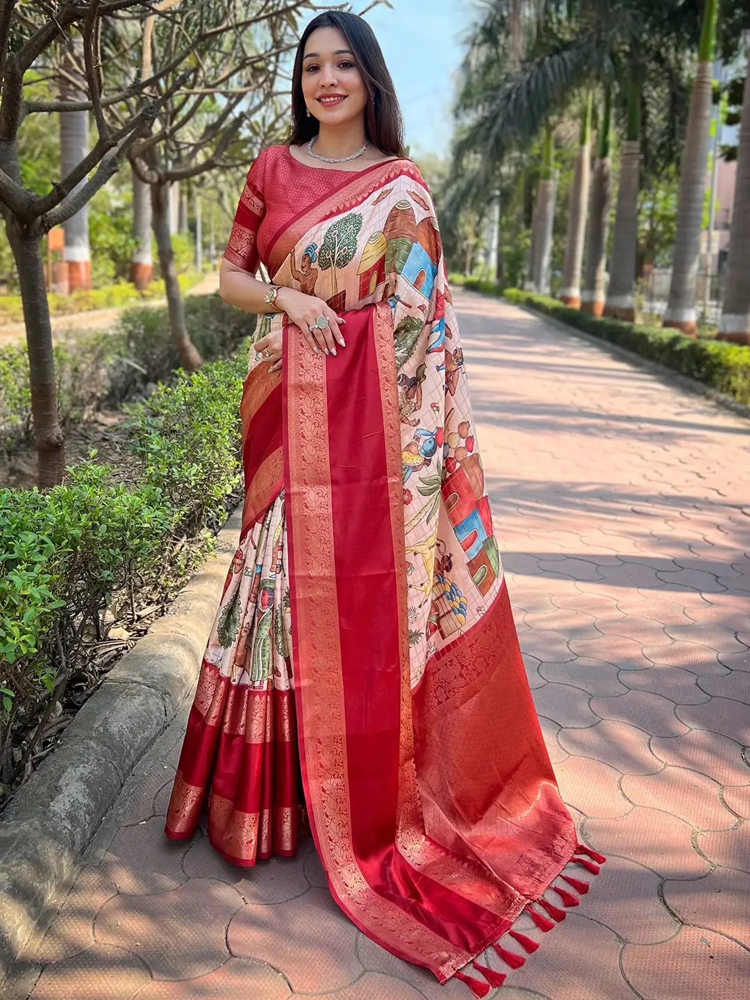 Elegant red Banarasi saree with intricate border design