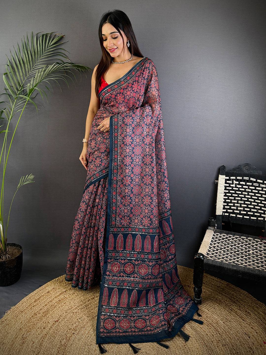 Navy Blue Charm Mirror Work Silk Saree