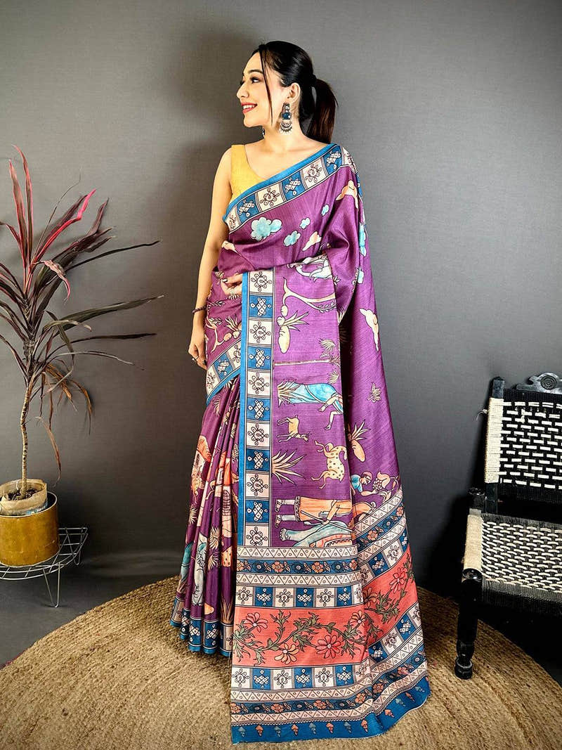Wine Elegance Kalamkari Tussar Saree