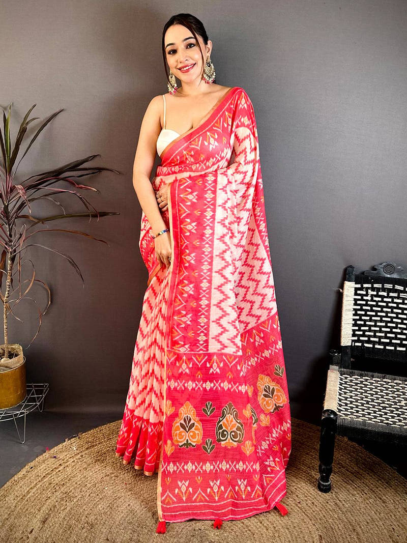 Radiant Red Linen Chanderi Ikkat Saree