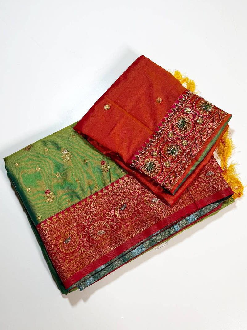 Green Minakari Butti Zari Tissue Saree With Maggam Blouse
