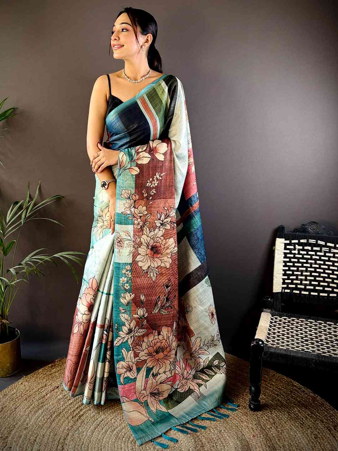 Multi Tussar Zari Floral Saree