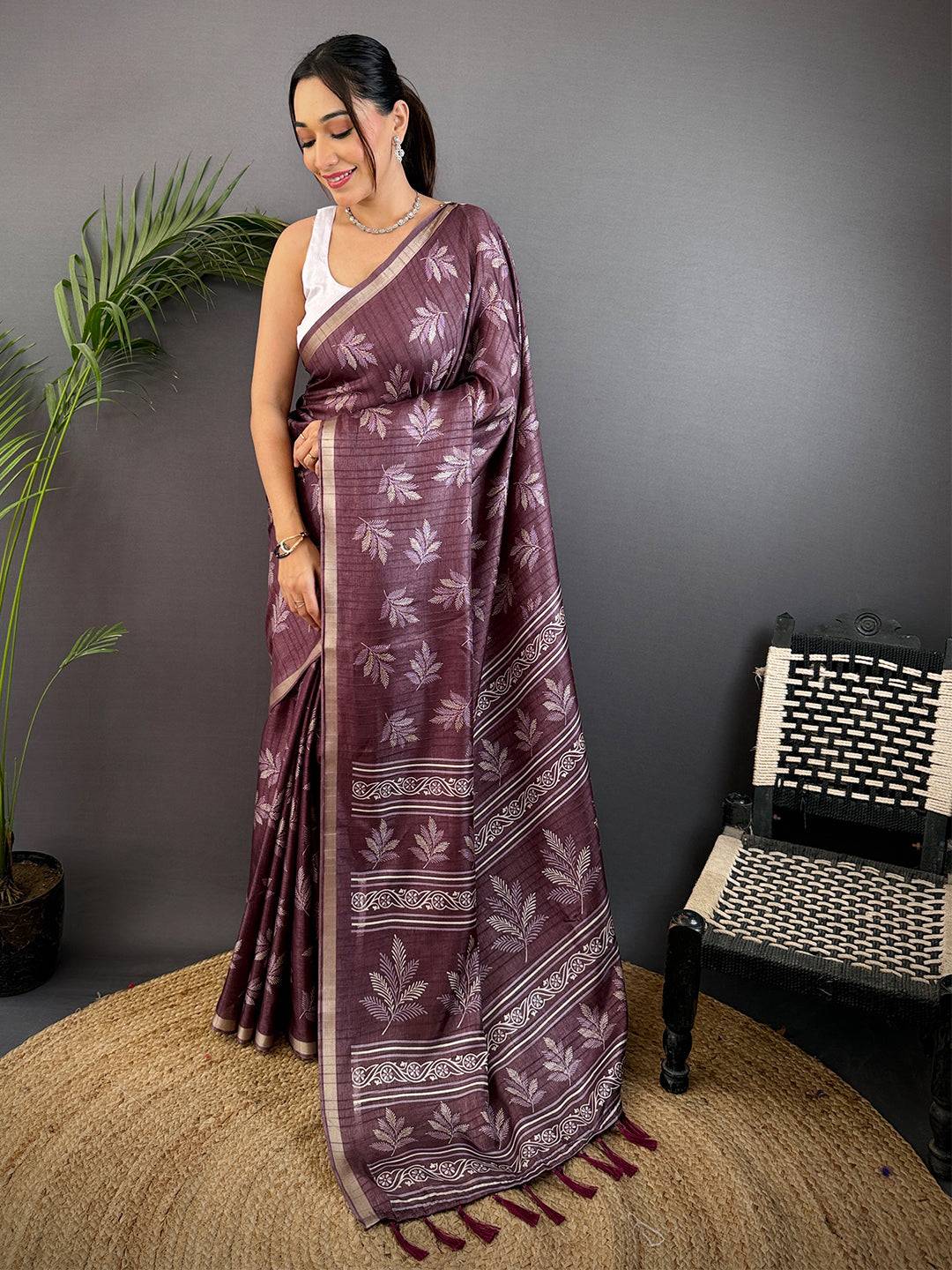 Dark Wine Leaf Print Ghicha Handloom Saree