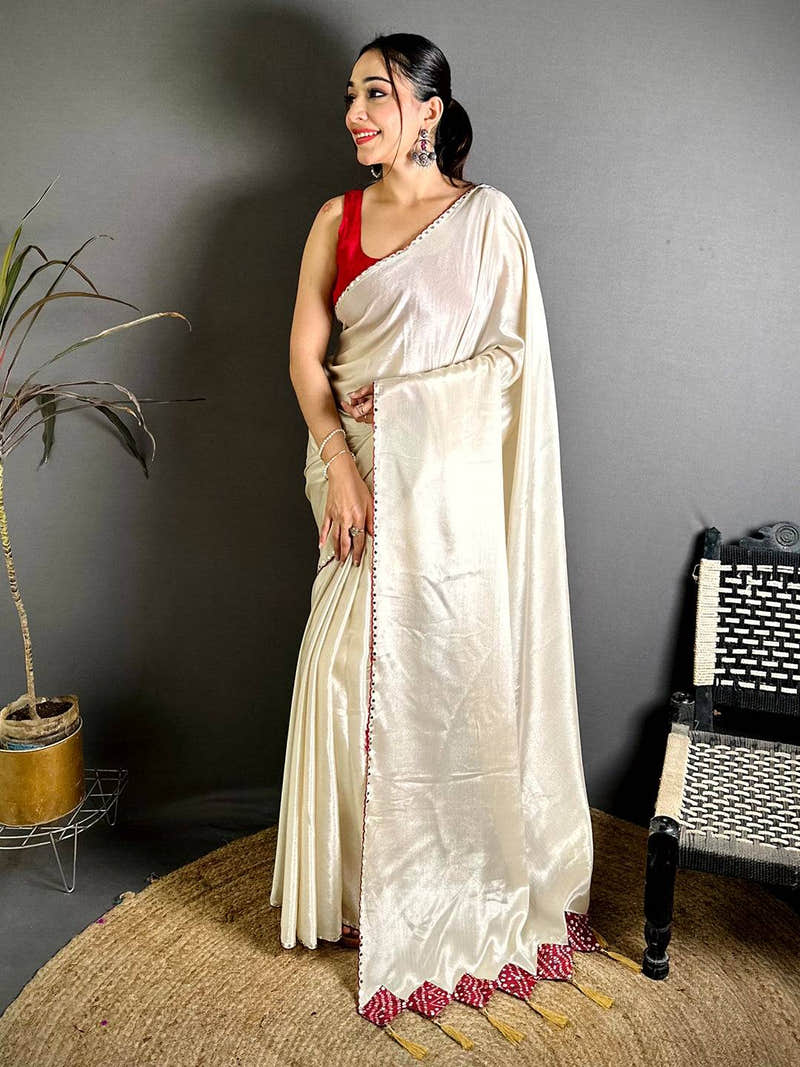 White Vichitra Real Mirror Work Tassel Saree