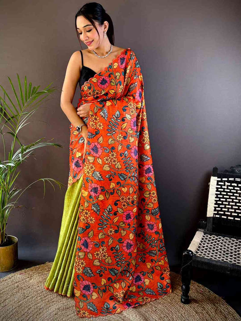 Orange Kota Doriya Kalamkari Saree
