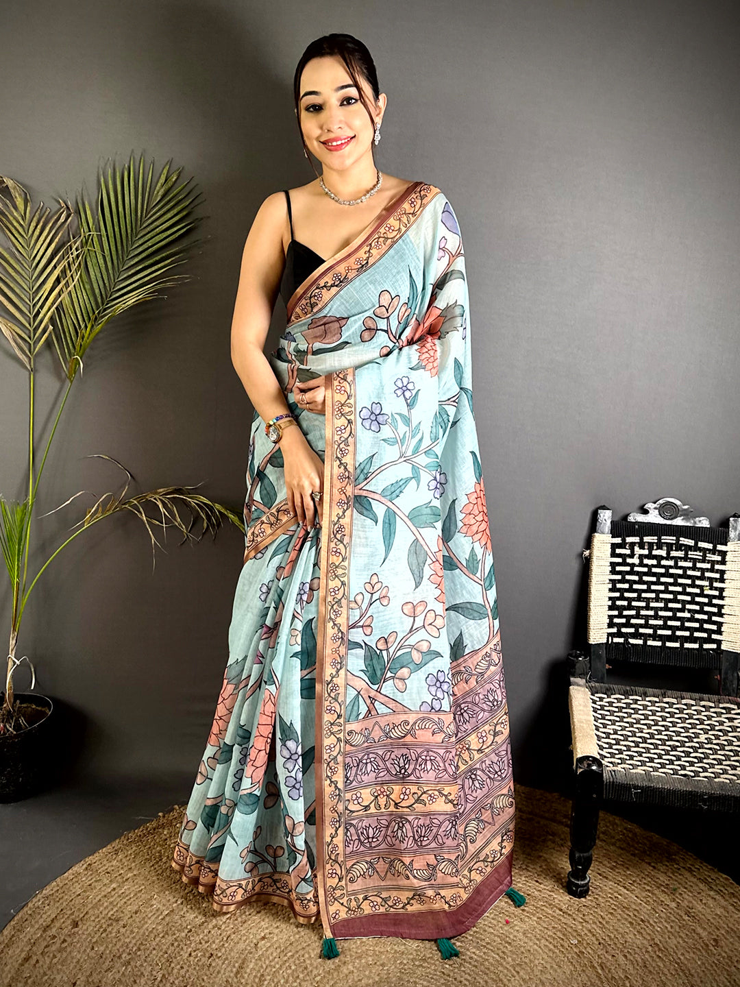 Blue Floral Soft Linen Summer Saree