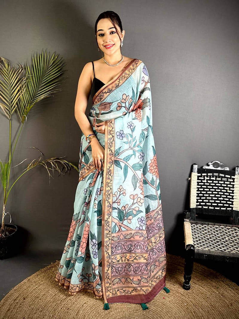 Blue Floral Soft Linen Summer Saree