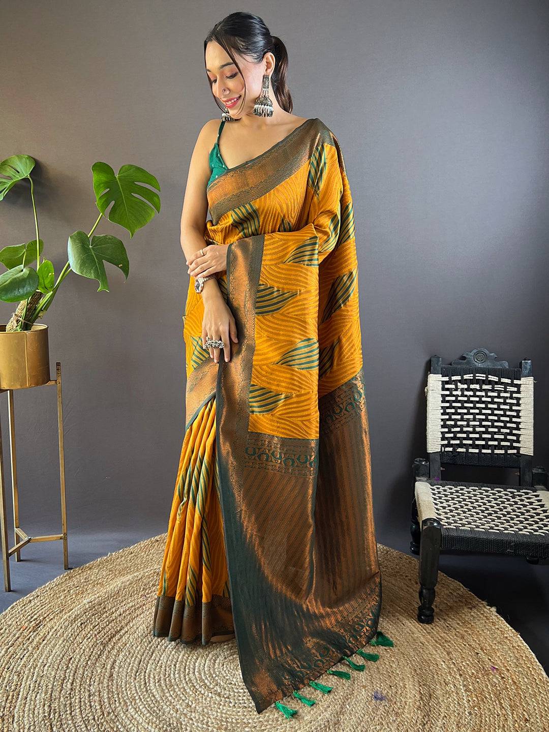 Elegant Mustard Tussar Silk Ikkat Saree Display