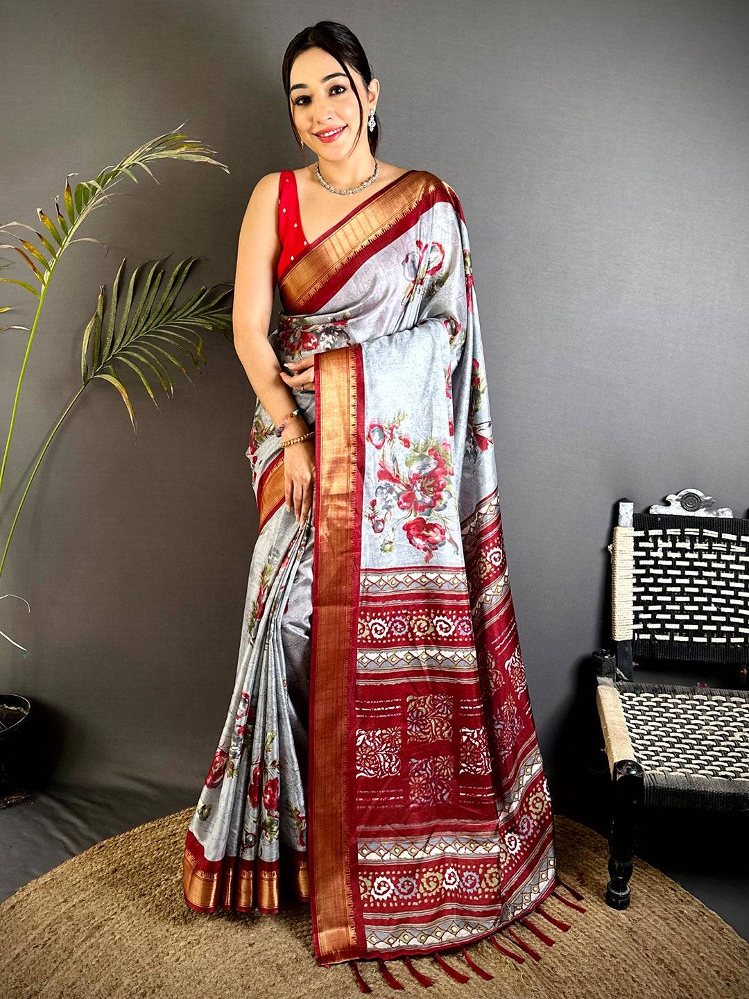 Radiant Red Floral Dola Silk Saree