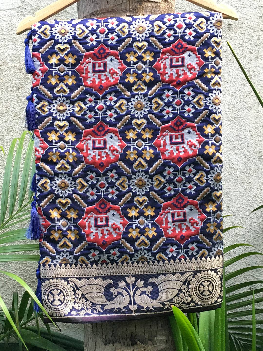 Navy Soft Silk Patola Saree with intricate weaving and Zari border