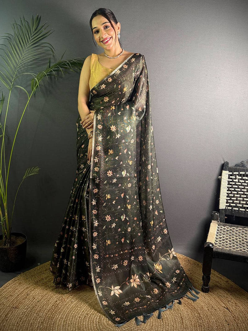 Olive Green Linen Juth Digital Print Saree