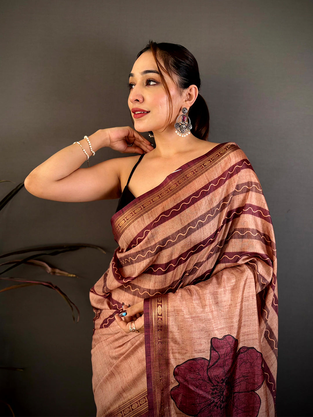Elegant Freehand Floral Stripe Soft Silk Saree