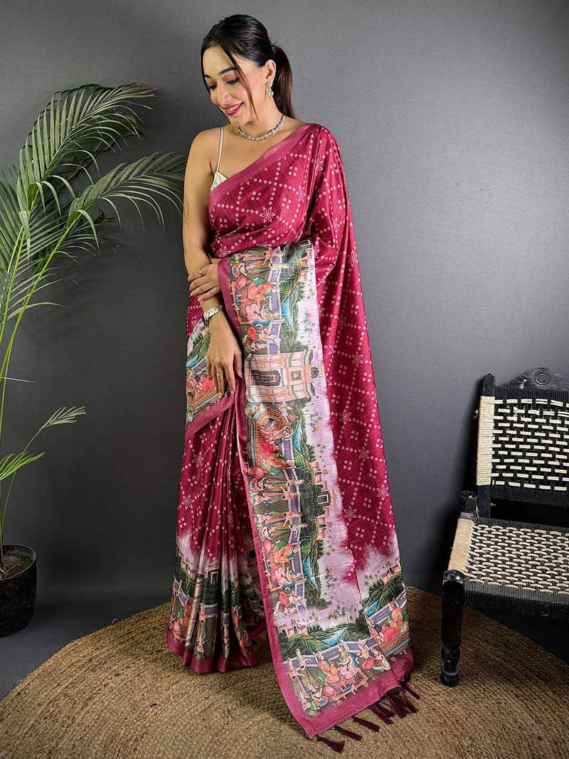 Magenta Kalamkari Digital Printed Saree